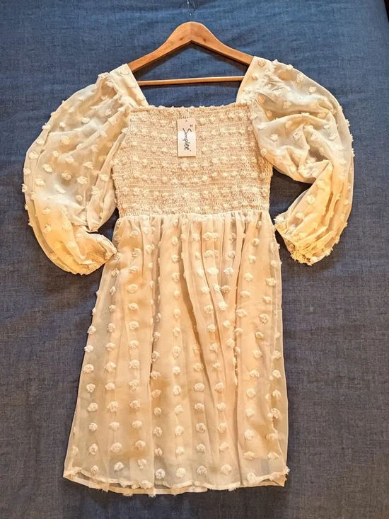 Simplee Apparel Cream Long Sleeve Swiss Dot Smocked Dress - Picture 1 of 2